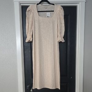 NWT Status By Chenault Champagne Eyelet Sleeves Ribbed Bodycon Midi Dress Small